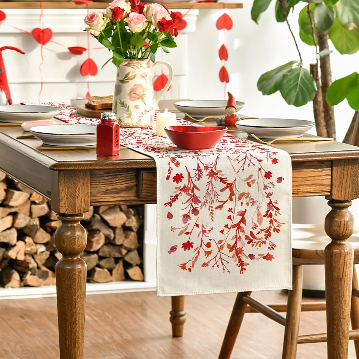 Floral Leaves Valentine's Table Runner, Wild Flowers Seasonal Kitchen Dining Table Decoration for Home Party Decor 13x72 Inch