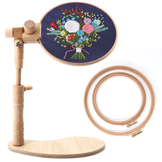 ZOCONE Beech Wood Adjustable Rotated Embroidery Hoop Stand with 2 Pcs 6'' 8'' Embroidery Hoops, Wooden Embroidery Stand, Embroidery Hoop Holder for Cross Stitch and Embroidery Project (A)