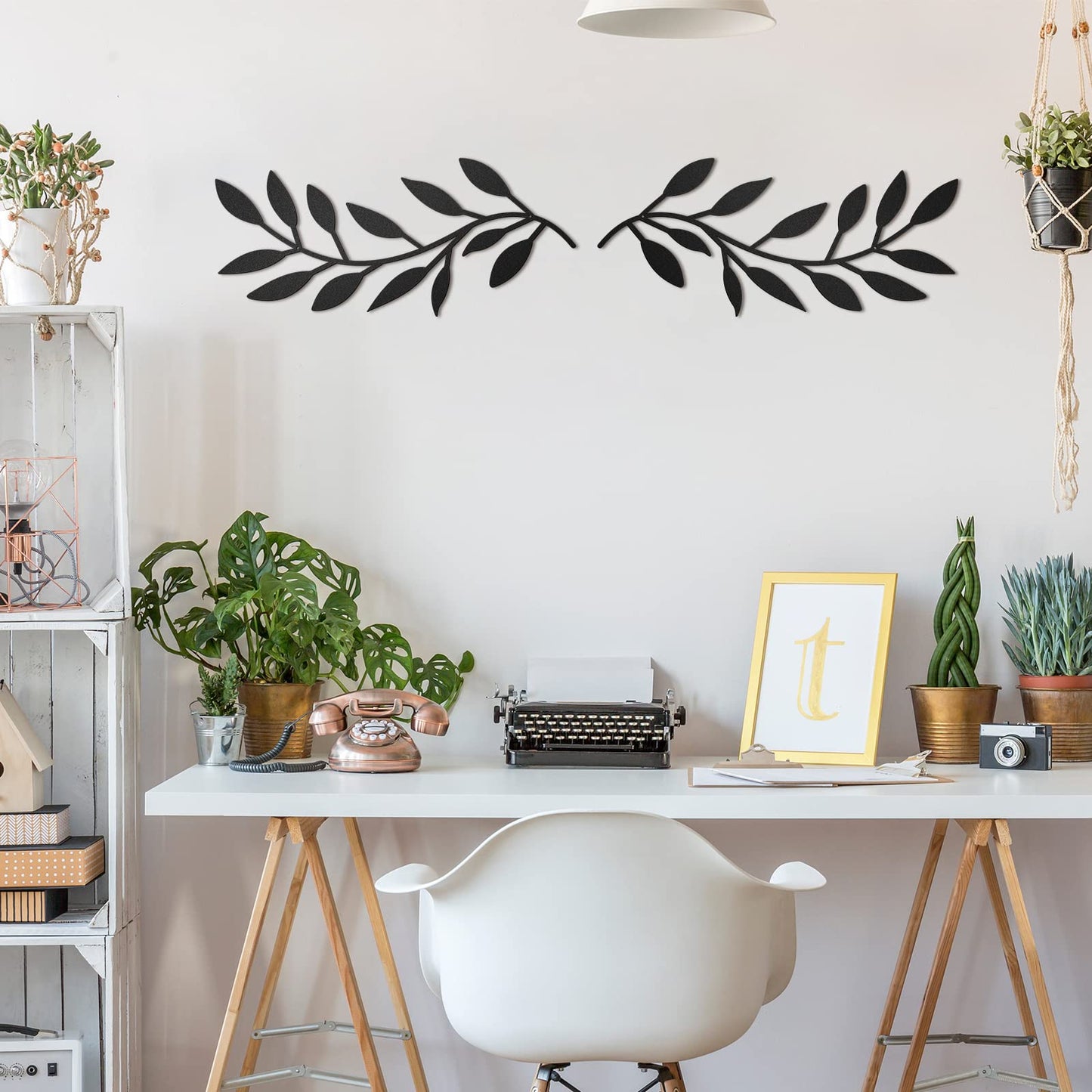 2 Pieces Metal Tree Leaf Wall Decor Vine Olive Branch Leaf Wall Art Living Room, Hallway Wall Decor Outdoor Decoration (Black)