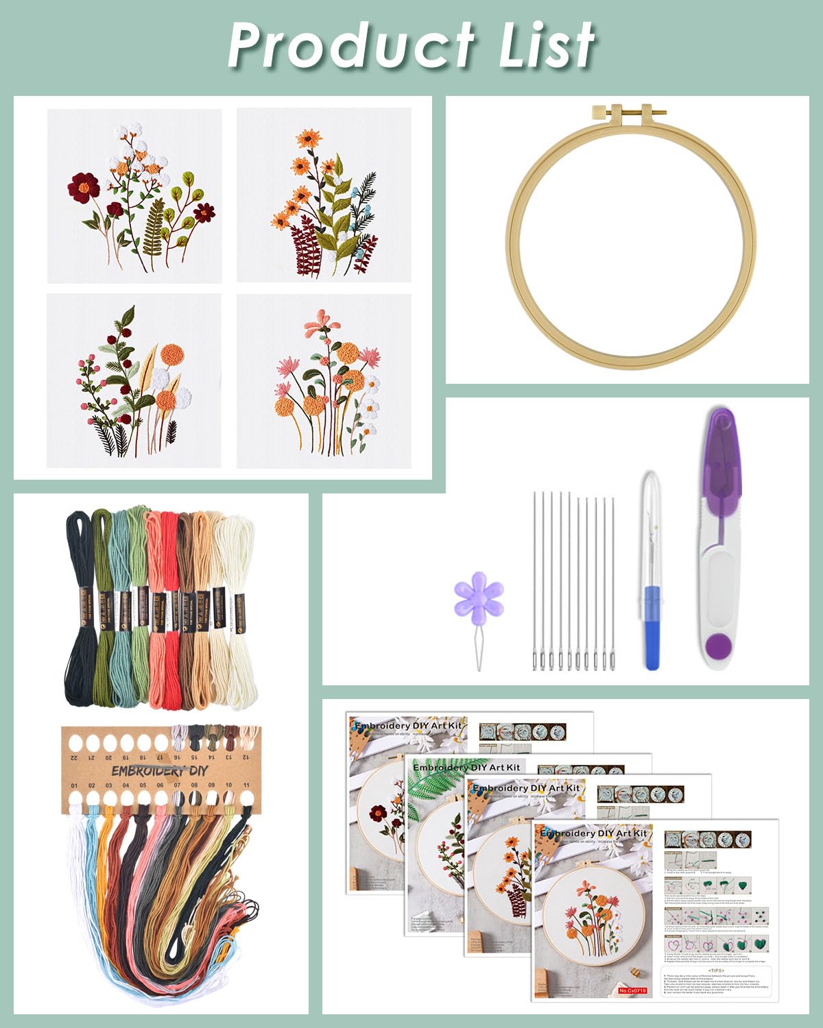 4 Sets Embroidery Kit for Beginners,Hummingbird and Flower Cross Stitch Set for Include Embroidery Cloth Hoops Threads for Craft Lover Hand Stitch (Flowers and Plants)