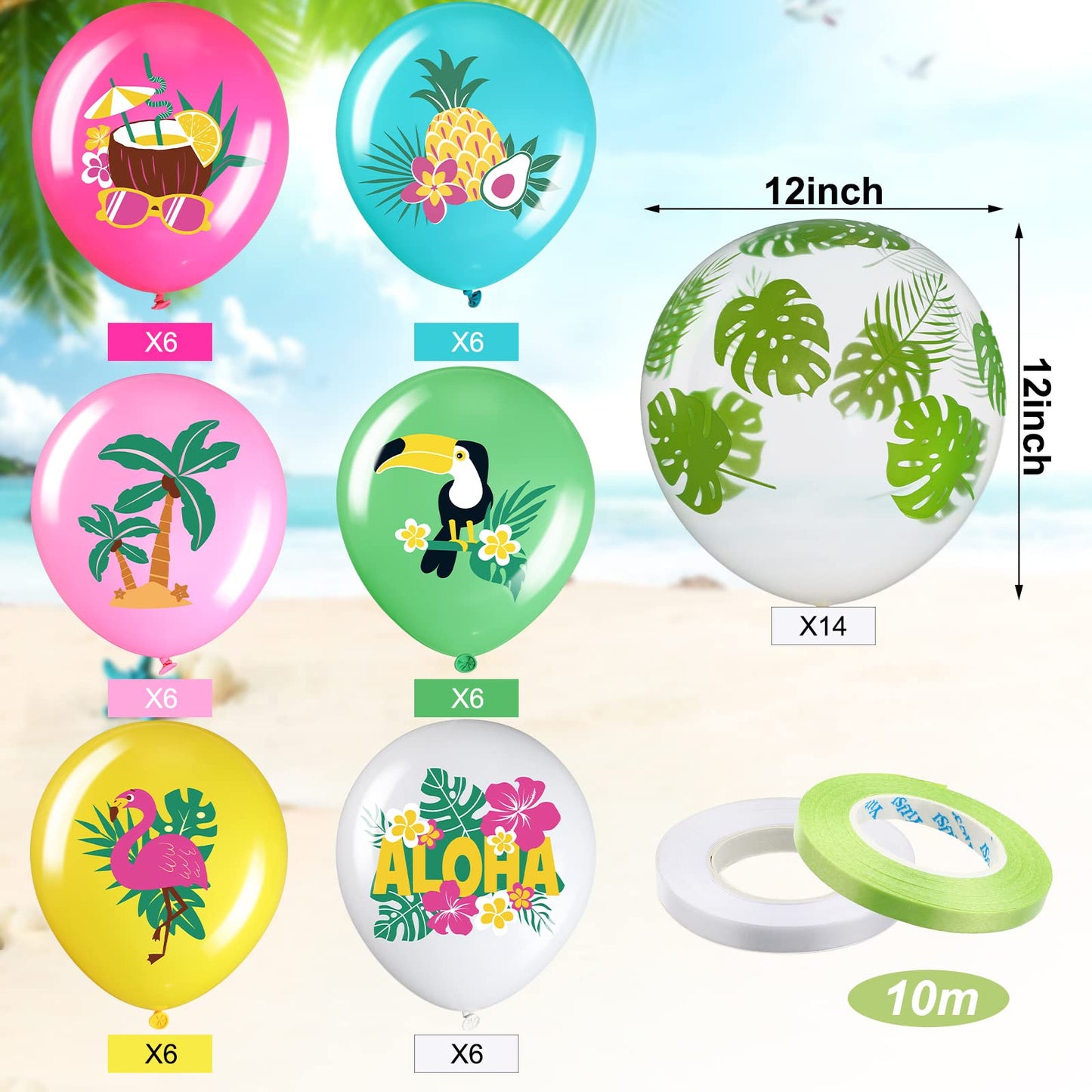 Zhanmai 50 Pcs Hawaiian Party Balloon Decorations, Aloha Tropical Luau Latex Balloons for Hawaiian Luau Party Summer Beach Birthday Tiki Bar Wedding Supplies(Happy Summer)