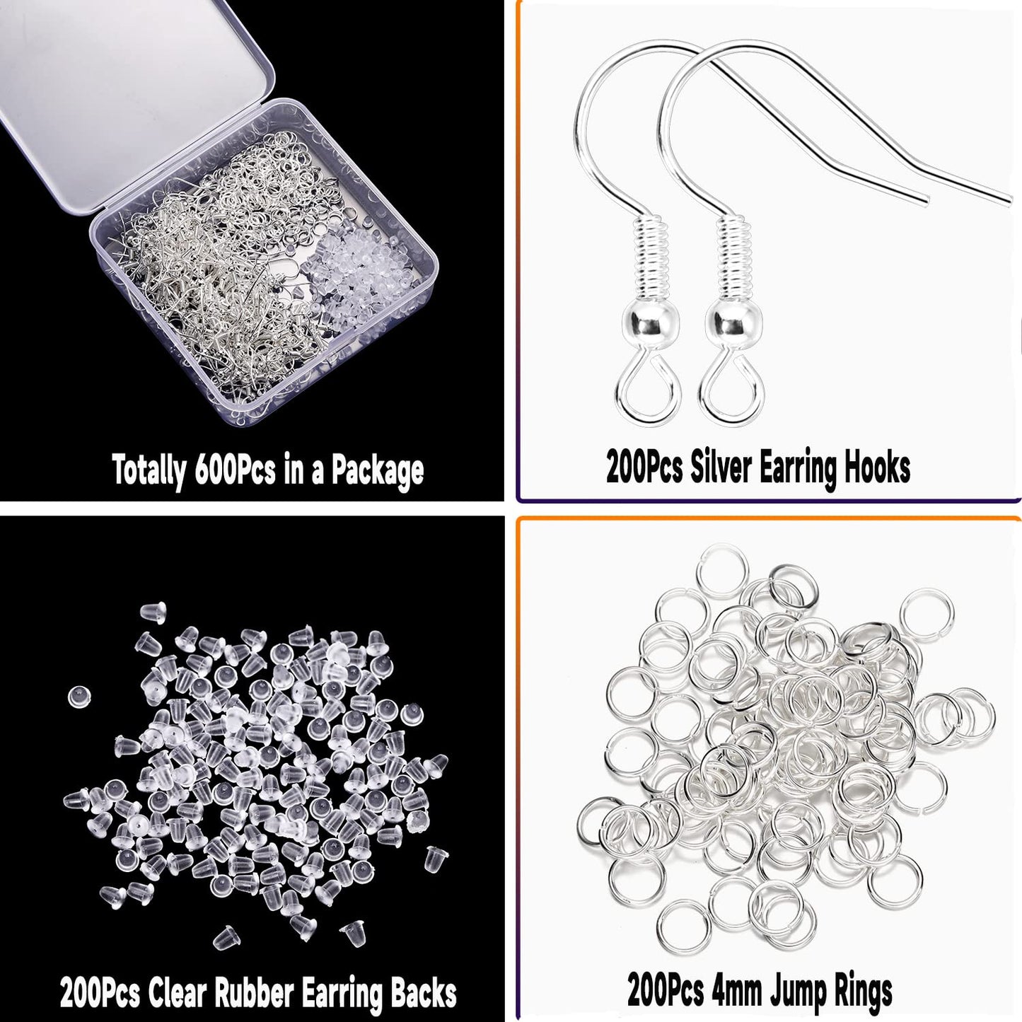 600Pcs Hypoallergenic Earring Hooks, Silver Earring Making Kit, Supplies with Earring Backs and Jump Rings for Jewelry Making (Silver)