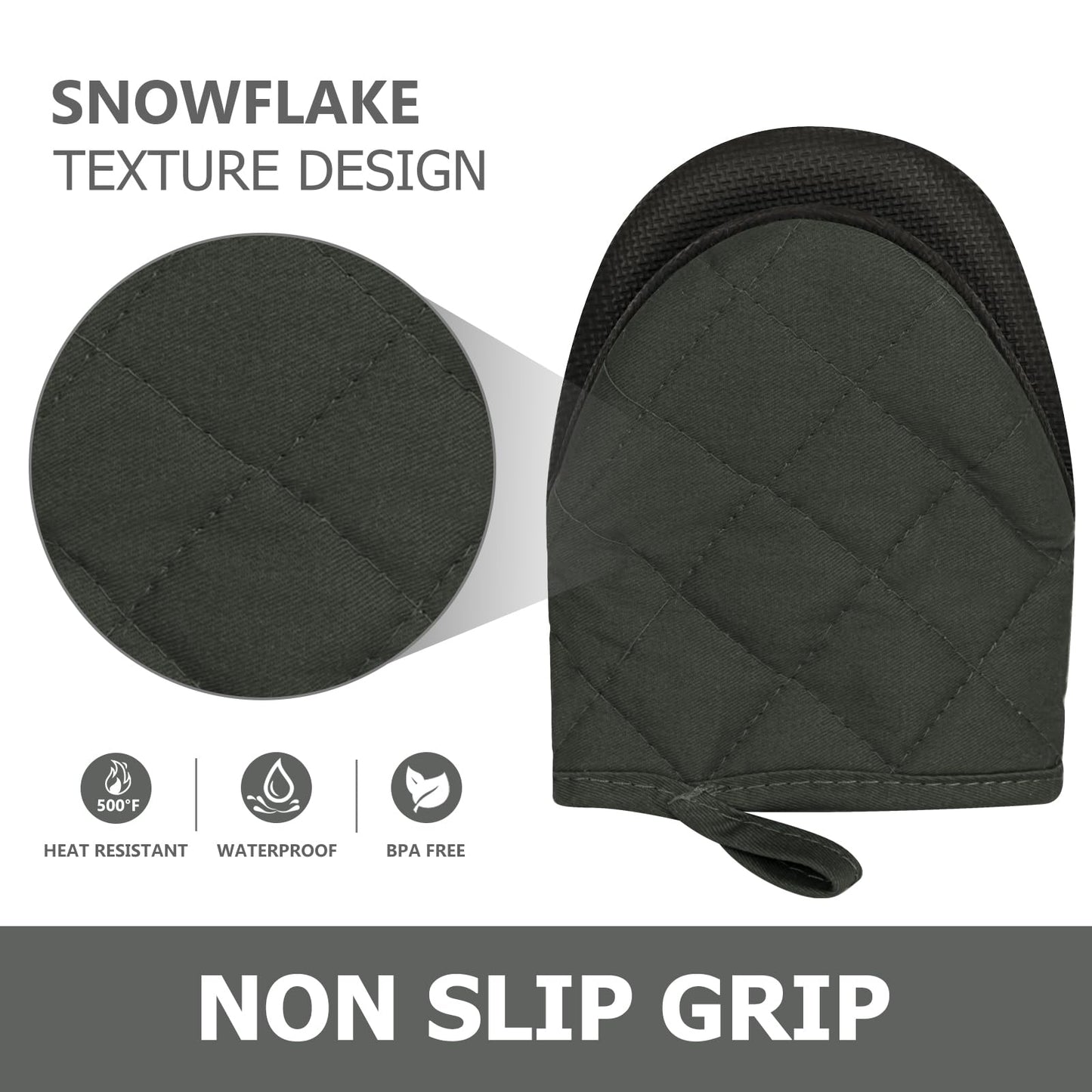 1 Pair Short Oven Mitts, Heat Resistant Silicone Kitchen Mini Oven Mitts for 500 Degrees, Non-Slip Grip Surfaces and Hanging Loop Gloves, Baking Grilling Barbecue Microwave Machine Washable (Gray)