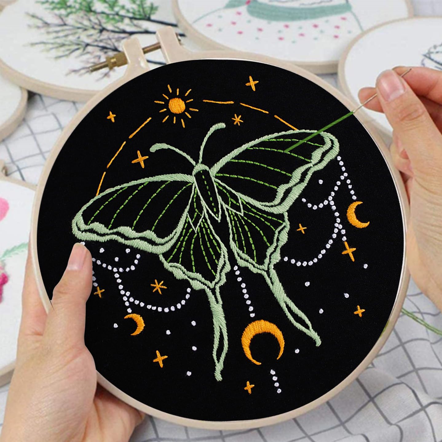 3 Sets Tarot Embroidery Kits for Beginners,Cross Stitch Kit for Adults,Crewel Starters Needlepoint with Moon, Butterfly, Bee and Moth Pattern and Tool