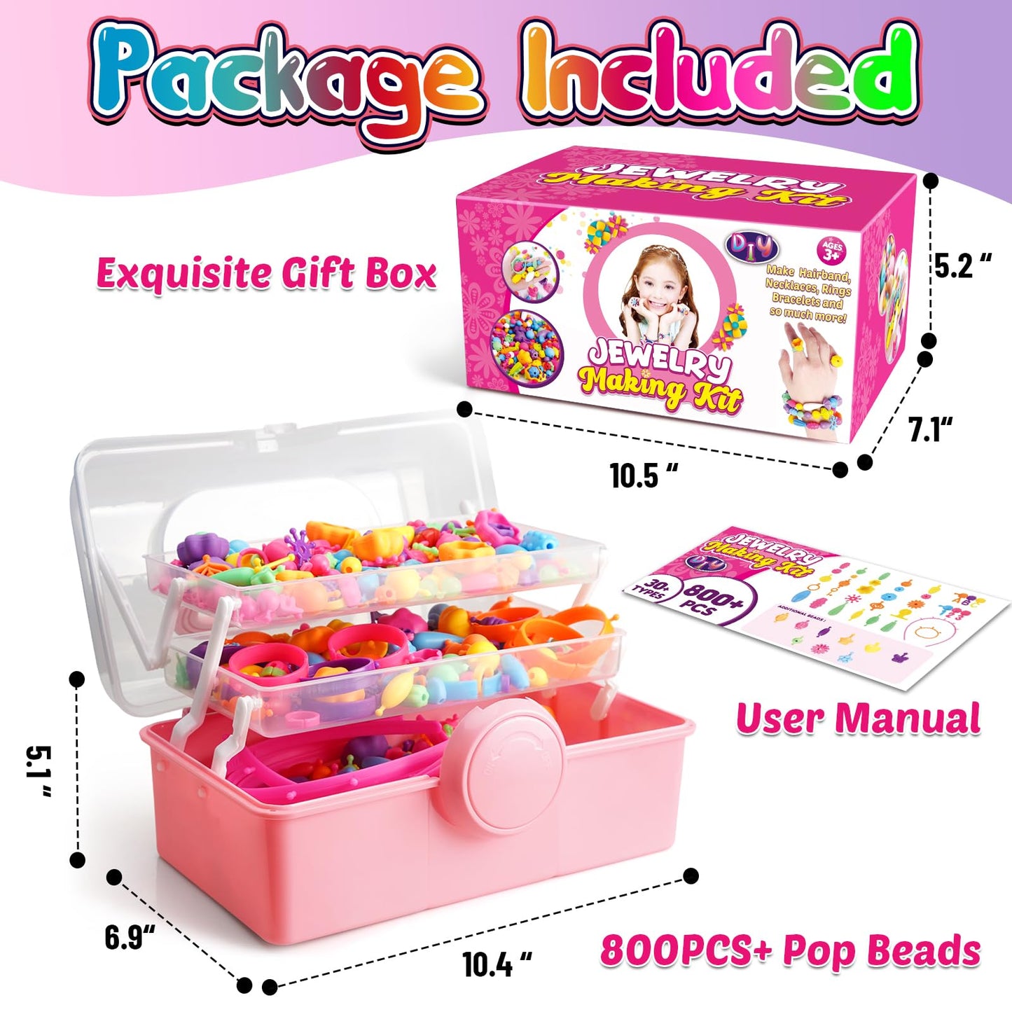 FUNZBO 850pcs Pop Beads - Jewelry Making Kit for 3 4 5 6 7 8 Year Old Little Girls, Arts and Crafts Toys for Kids, Necklace Bracelet Ring Hairband Creativity Snap Set, Birthday Gifts for Kids