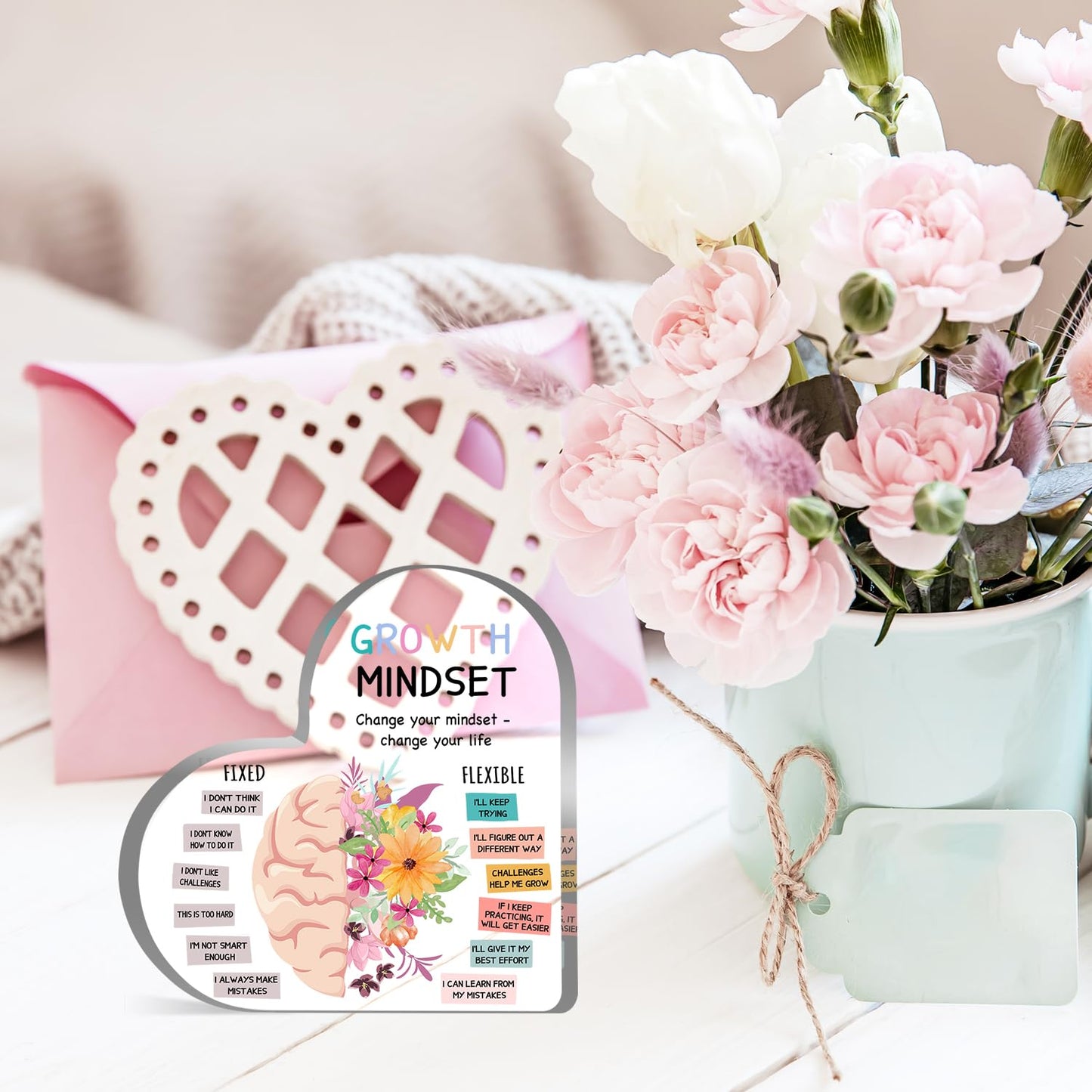 Growth Mindset Decor, Mental Health Therapy Office School Art Educational Challenging Thoughts Affirmation Decorations Positive Sayings Inspirational Gifts Acrylic Heart Inspirational Gift for Teacher