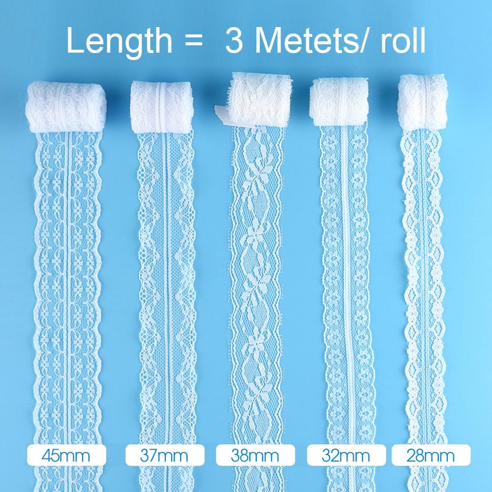 FEPITO 39.6 Yards White Lace Ribbon 12 Rolls Assorted Lace Trim Ribbon for Sewing and Bridal Wedding Scalloped Decorations