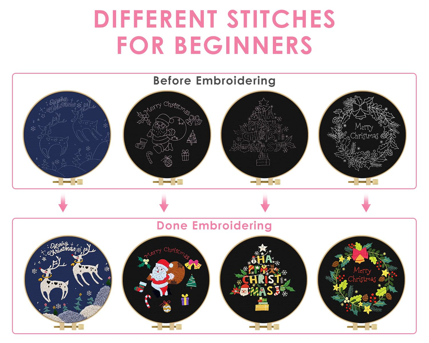 Christmas Embroidery Kit for Adult, 4 Pack Embroidery DIY Starter Kit, with Stamped Patterns, Hoop, Tools, Colorful Threads with Needles, Instructions