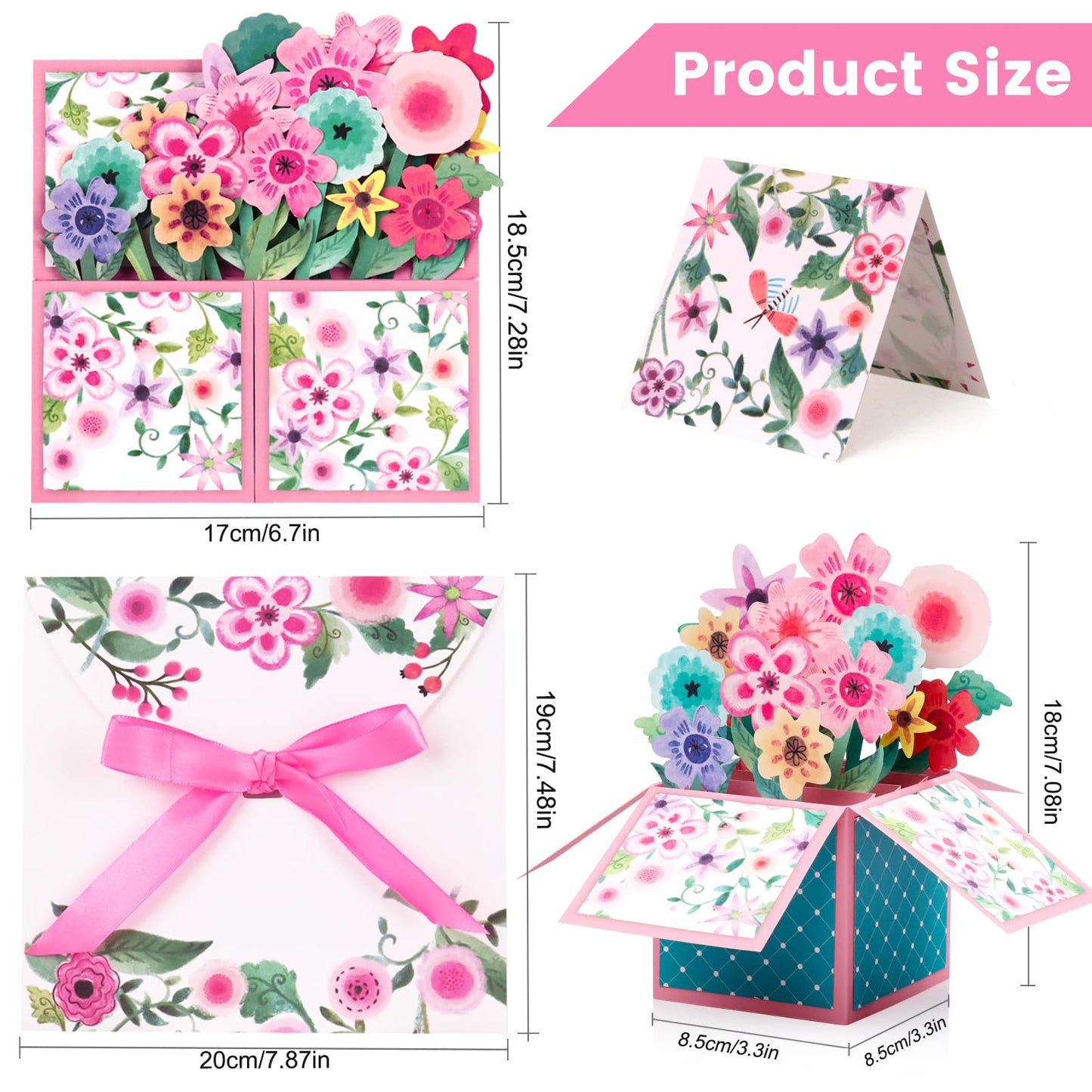 Giiffu 4 Pack Pop Up Flower Bouquet Cards, 3D Paper Flower Greeting Cards with Envelope & Note, Pop Up Birthday Cards for Women, Mothers Day Card, Thank You, Get Well, All Occasion Gift Cards