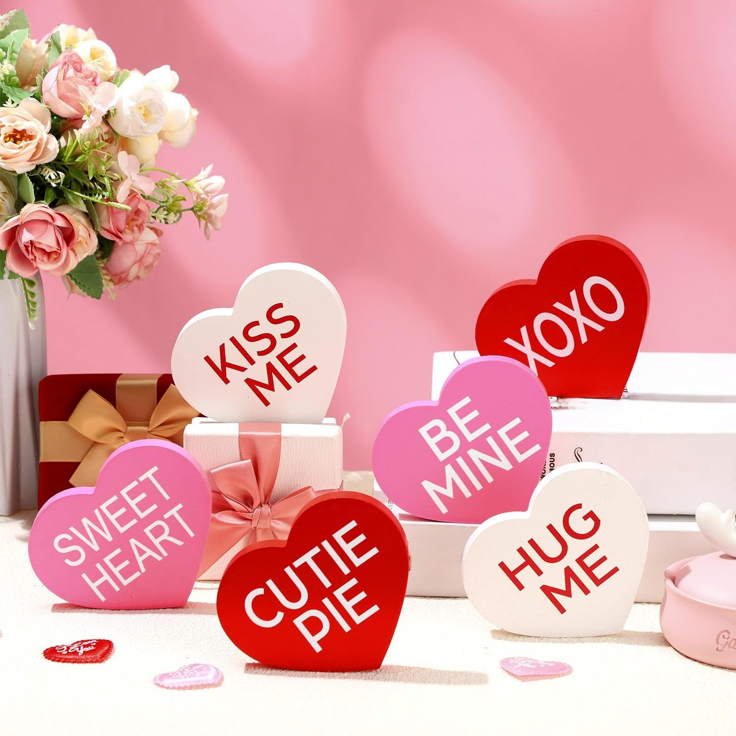 6 Pcs Valentines Day Decorations Small Heart Wood Signs Table Decor Love Candy Table Blocks Centerpiece Tiered Tray Decor for Home Office Mantel Shelf Gift