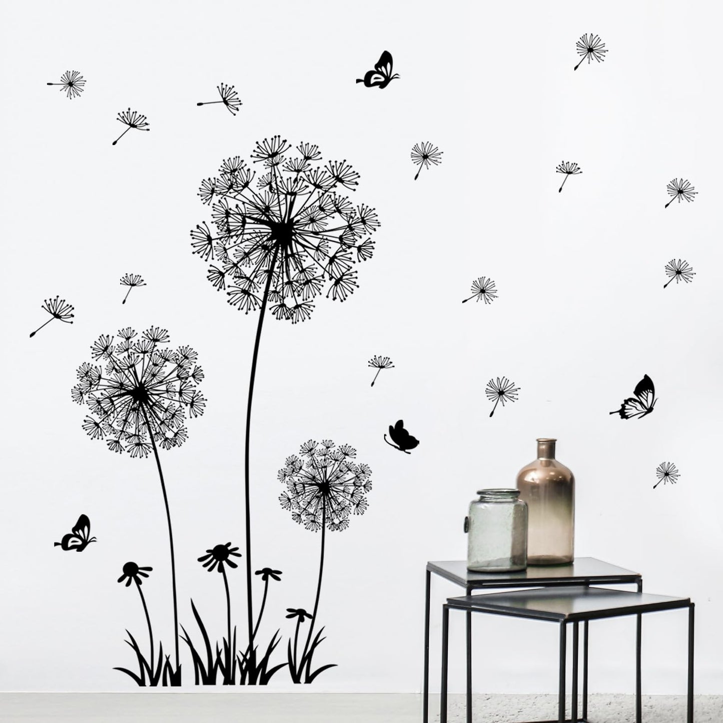 Supzone Dandelion Wall Stickers Flower Wall Decals Butterflies Flying Wall Decors Art Stickers for Bedroom Living Room Sofa Backdrop TV Wall Decor (White Black)