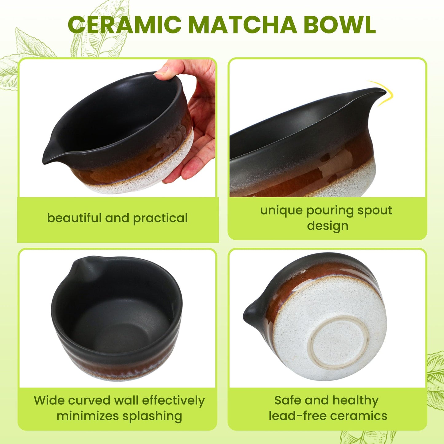 Matcha Whisk Set, Ceramic Matcha Kit Desert Style, Matcha Whisk and Bowl, Bamboo Scoop and Rest, Sifter and Tea Towel, 7 Pcs Gifts for Matcha Lover - Matte Black