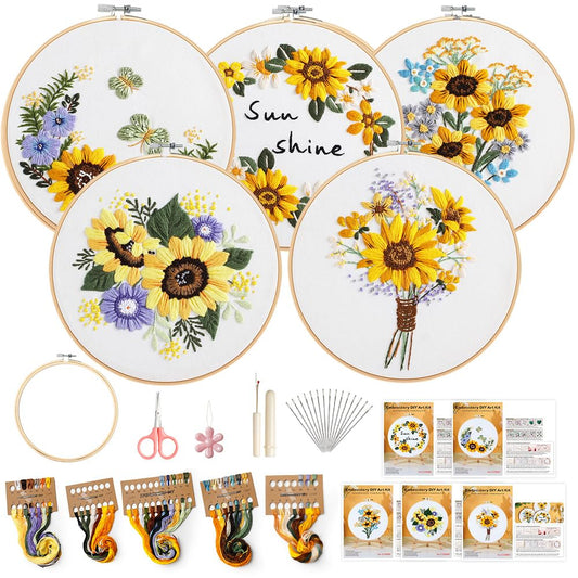 5 Pack embroidery kit for beginners Adults DIY Starter Kit,Sunflower Gifts for Women Cross Stitch Kits with Flower Stamped Patterns, Embroidery Hoop, Tools,Colorful Threads,Hand Craft Lover Gift