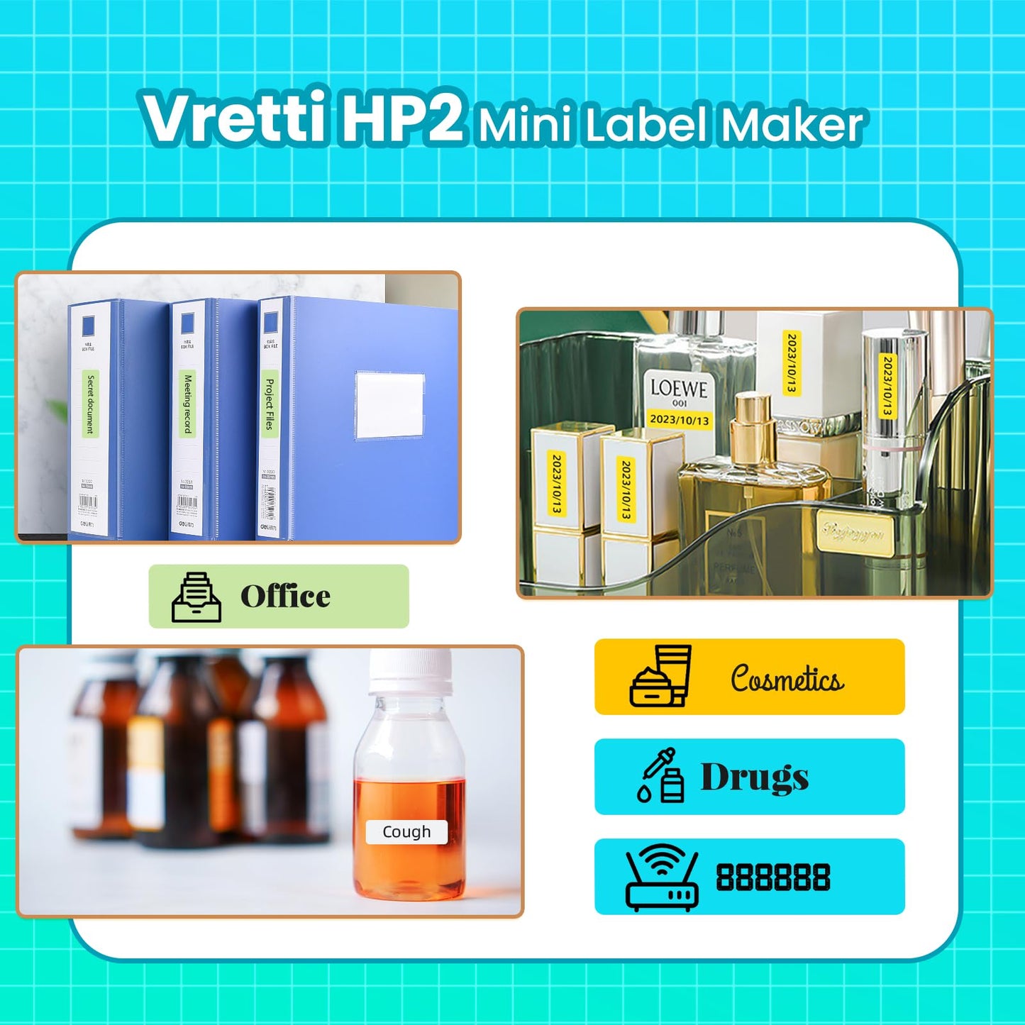 vretti Label Maker Machine with Tape, HP2 Portable Bluetooth Label Printer for Storage, Shipping, Barcode, Office, Home, Organizing Mini Sticker Label Maker with Multiple Templates (White)