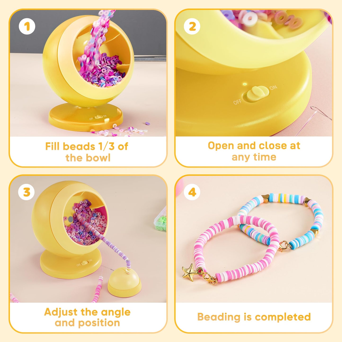 ETUDAW Bead Spinner, Clay Beads and Electric Bracelet Maker with Needles and Thread for Bracelets, Necklace, Charms, DIY Birthday Gifts(Yellow)