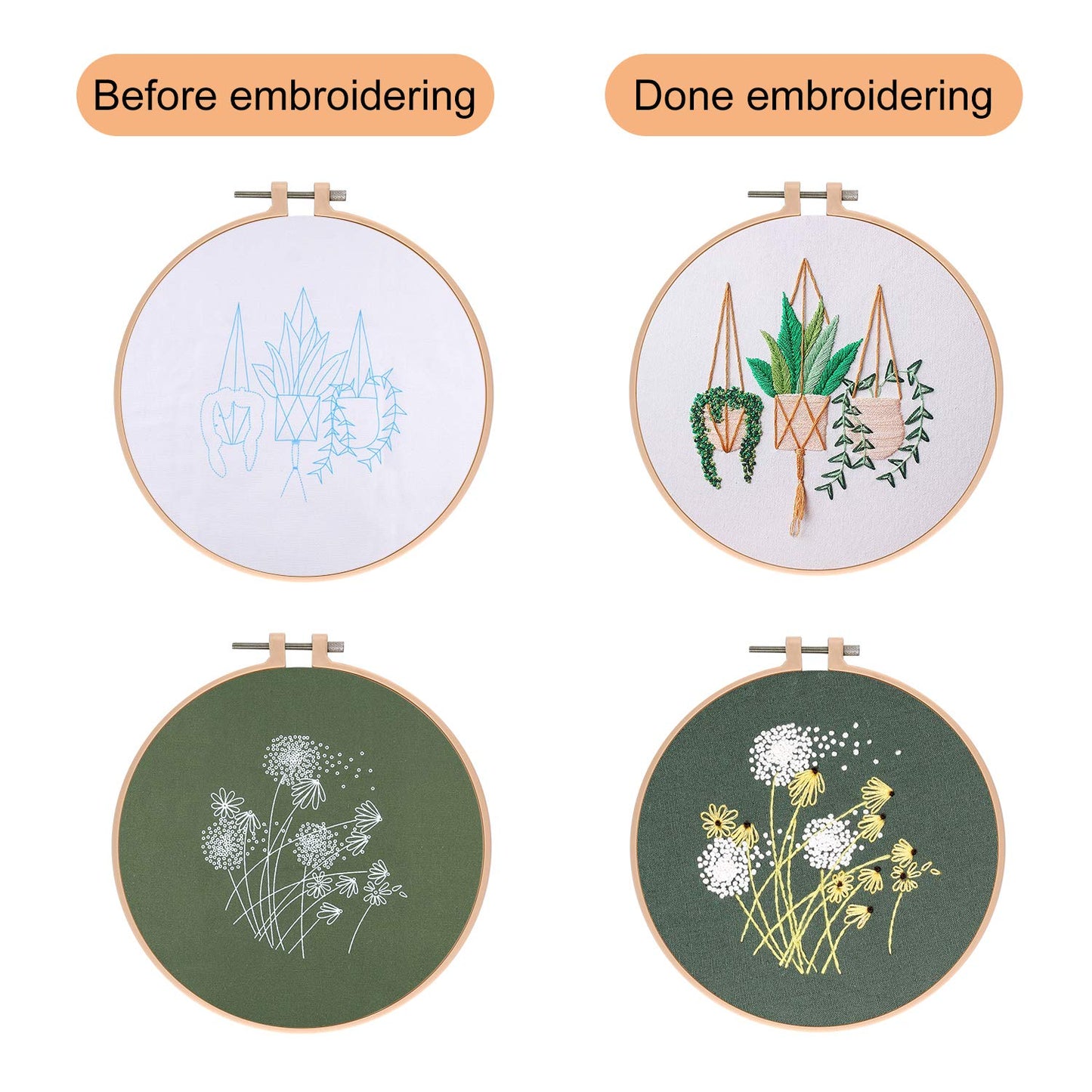 4 Sets Embroidery Starter Kit with Pattern and Instructions Cross Stitch Kit Includes 4Pcs Embroidery Clothes with Floral Pattern, 2 Pcs Embroidery Hoops, Scissor, Color Threads Needle Kit