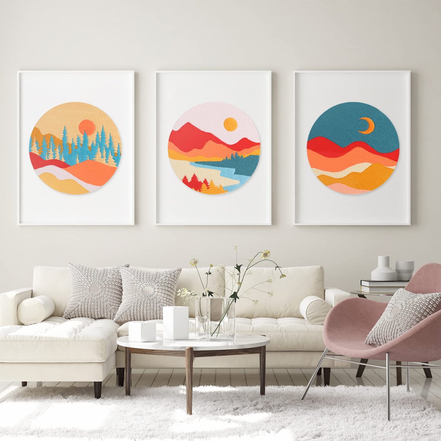 Louise Maelys 3 Set Landscape Embroidery Kits for Beginners with Mountain Sun Moon Pattern,Adults Starter Cross Stitch Kit DIY Needlepoint