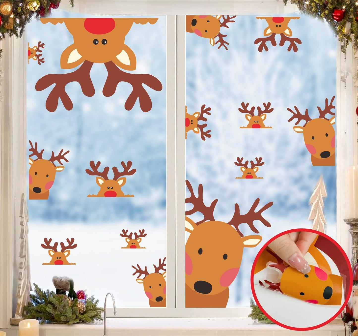 Reindeer Window Decals Double Sided Christmas Window Clings Stickers Xmas Rudolph Decals for Glass Windows Christmas Wall Decal Cartoon Deer Decal Car Sticker Xmas Party Supplies Indoor Home Decor