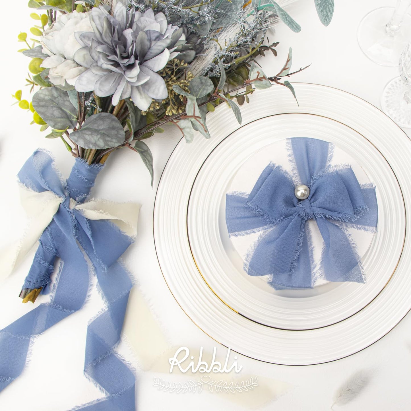 4 Rolls Dusty Blue Chiffon Ribbon Set,Handmade Fringe Silk Ribbon Gauze,1.5 in x 5Yd Each,Ivory/Pastel Blue/Dusty Blue/Dark Blue Ribbon for Wedding Invitations, Bridal Bouquets Wrapping