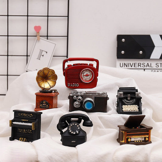 Set of 7 Creative Retro European Resin Figurine for Home Cafe Bar Window Decoration Children Toys and Gift (Incluing Telephones Typewriter Camera Piano Phonograph Radio and Sound player)