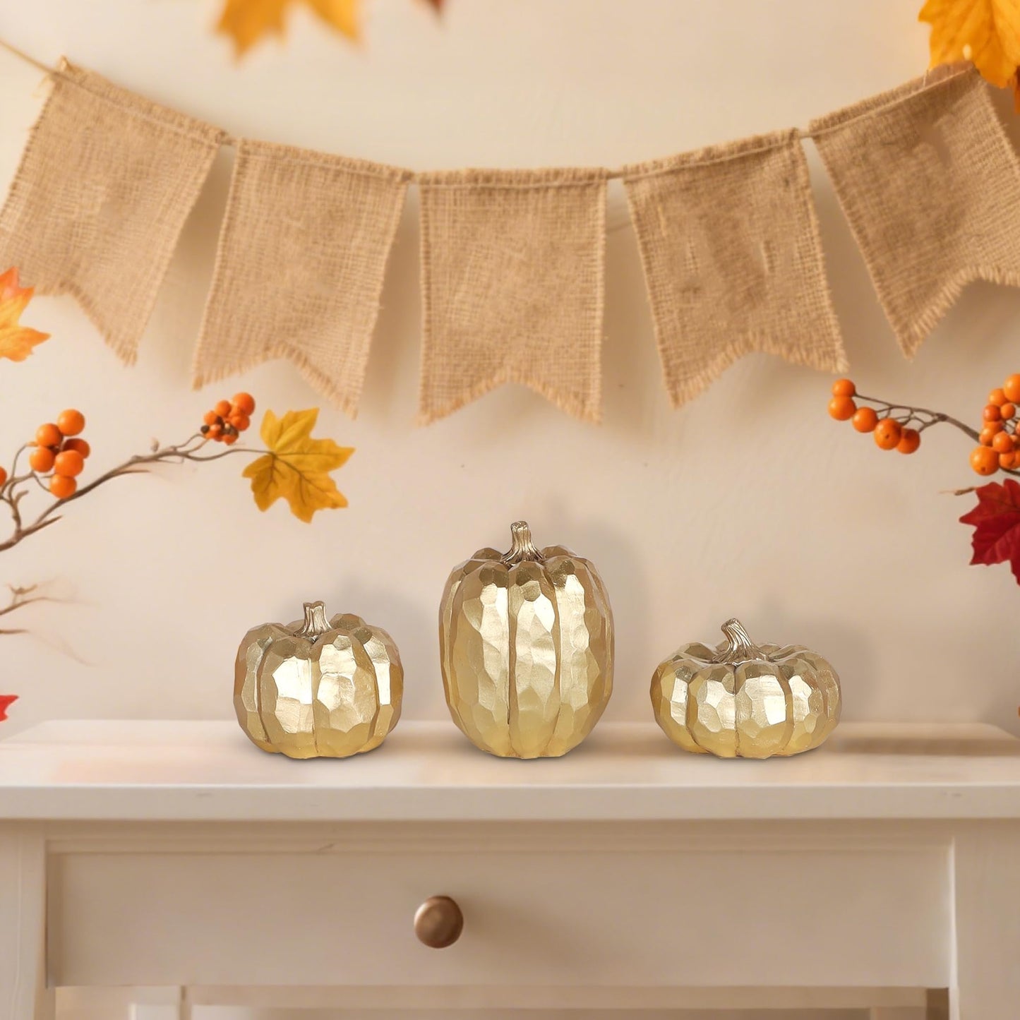 3 Pack Gold Pumpkins Thanksgiving Decorations- Fall Decor for Home, Table, Fireplace Mantel, Office, Elegant Decorative Pumpkin Autumn Indoor Decor