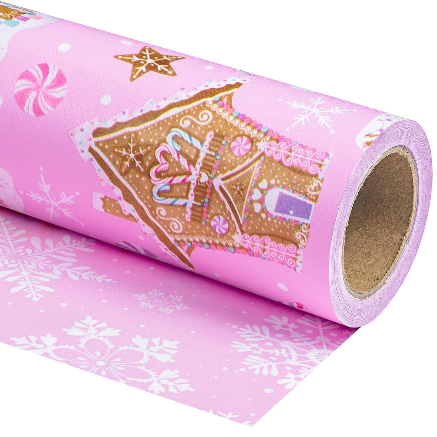Reversible Gingerbread Christmas Wrapping Paper - Mini Roll - 17 Inch x 33 Feet - Pink Gingerbread House and Snowflake with Embossed for Christmas, Holiday, Party Celebration