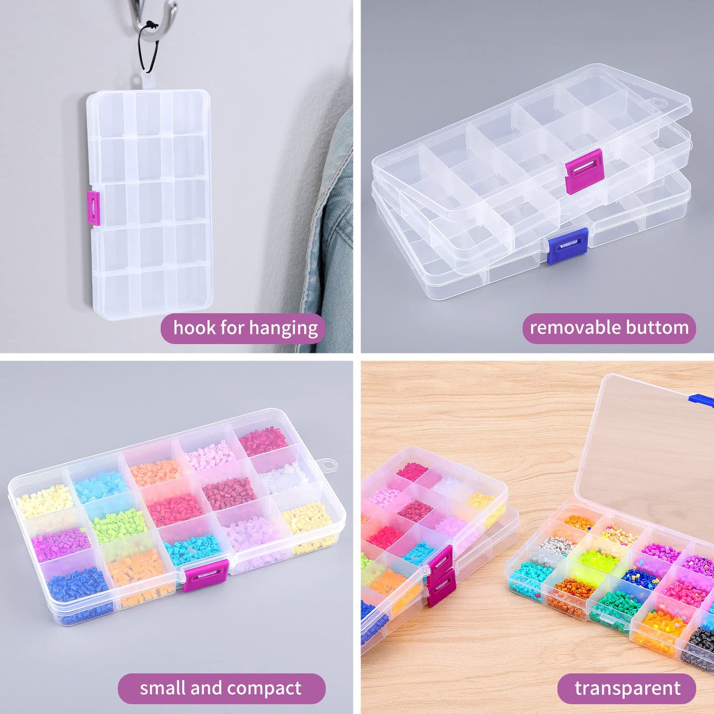 Opret Jewelry Organizer(4 Pack), SMALL Transparent Plastic Bead Organizers(15 grids) with Movable Dividers Earring Storage Containers Bead Holders, Size 6.9×3.9×0.9in