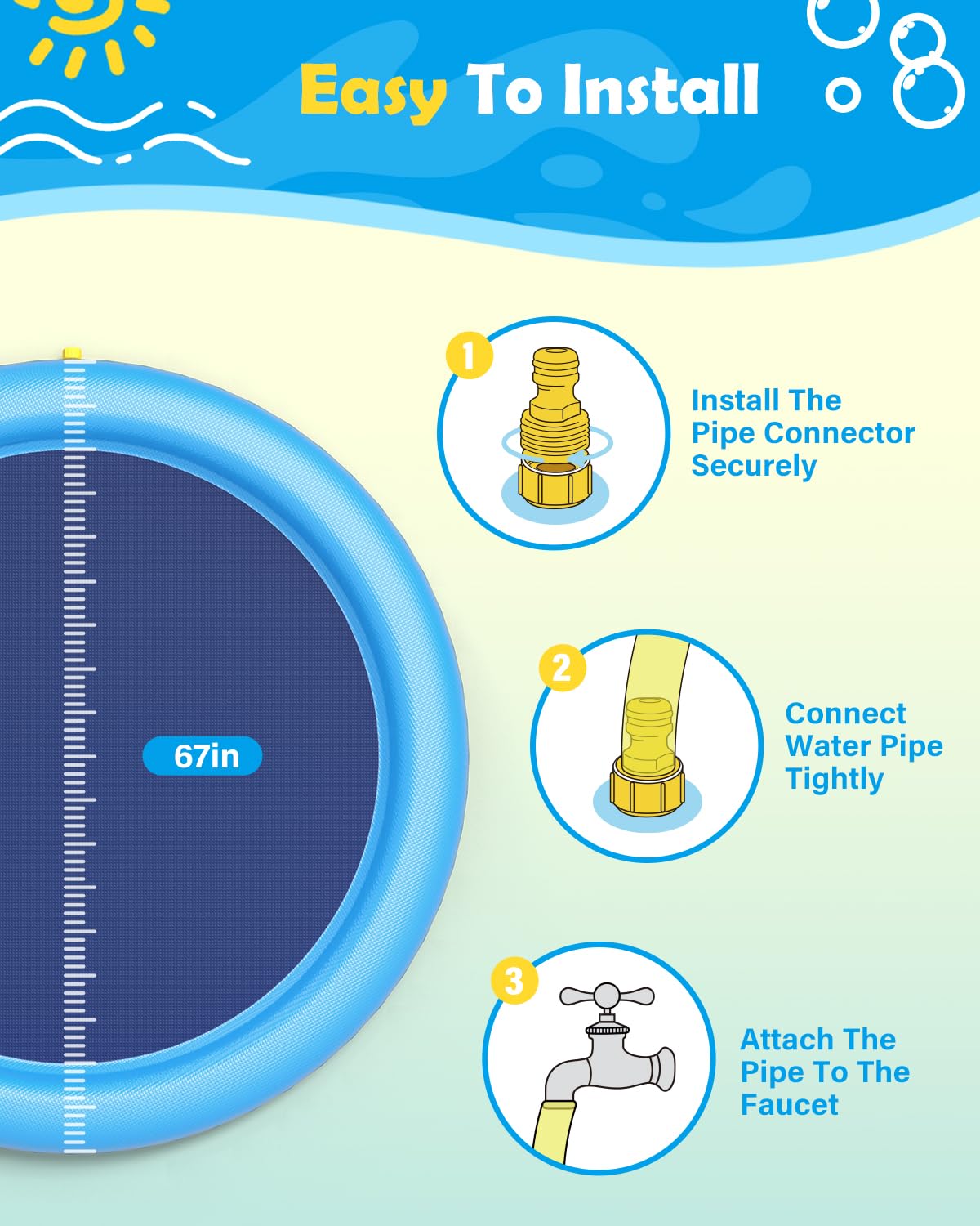 Peteast Splash Pad for Dogs & Kids - Anti-Slip Dog Pool for Large Dogs, 0.58 mm Thickened Durable Outdoor Water Play Mat, Summer Sprinkler Toy for Backyard (67in, Blue)