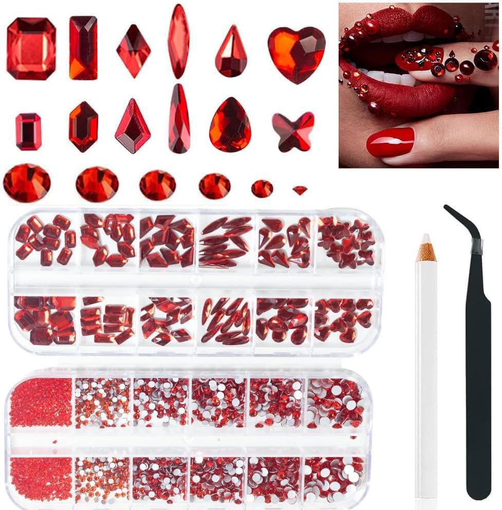 2680 Pcs 3D Red Nail Rhinestones, 120Pcs Big Red Glass Crystal Nail Gems Stones Charms Stones with Bling Diamond Flatback Round Beads, Clear Charm Jewelry for DIY Face Craft Decoration