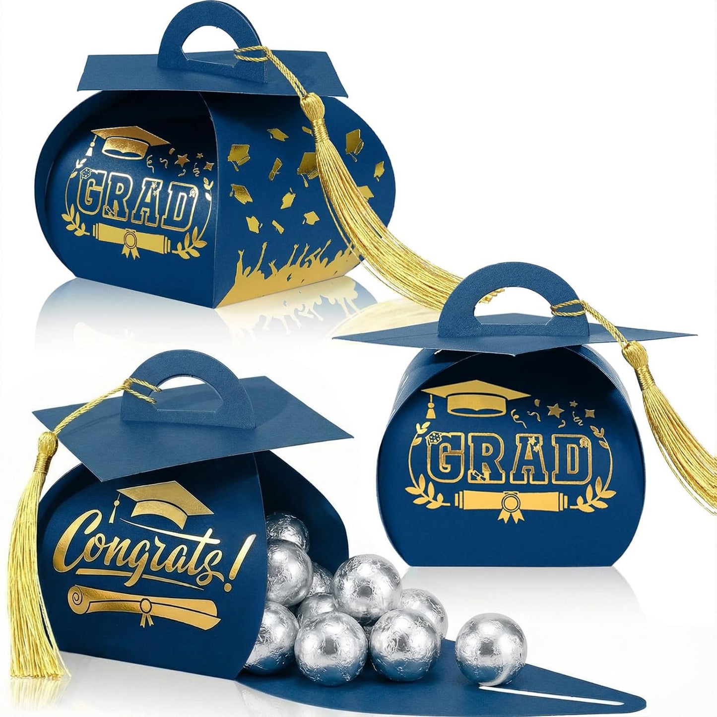 Spakon 30 Pcs Graduation Cap Gift Box Graduation Party Favors Candy Boxes Treat Box with Tassel Table Centerpieces Class of 2026 Grad Decorations(Blue, Gold)