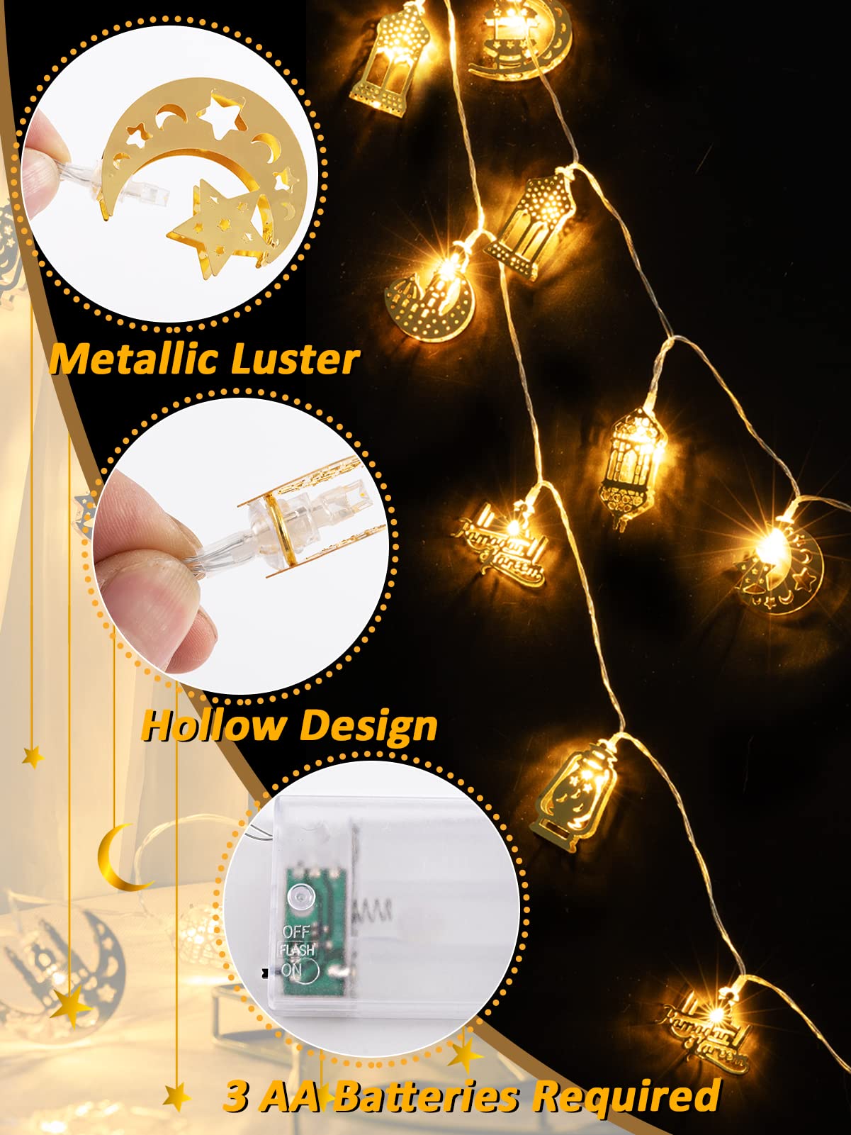 Ramadan Eid String Light - 9.8 ft 20 LEDs Mubarak String Light, Muslim String Decor with Moon Star Kerosene Lantern Palace Ornaments for Islamic Indoor Outdoor Home Garden Party Supplies - White Bulb