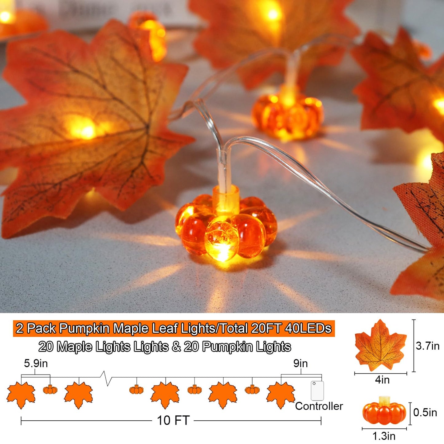 2 Pack Thanksgiving Decorations Maple Leaf Pumpkin Lights, Total 20Ft 40 LED Battery Operated 3D Pumpkin Fall Leaves Garland String Light for Home Mantel Porch Indoor Outdoor Halloween Fall Decor