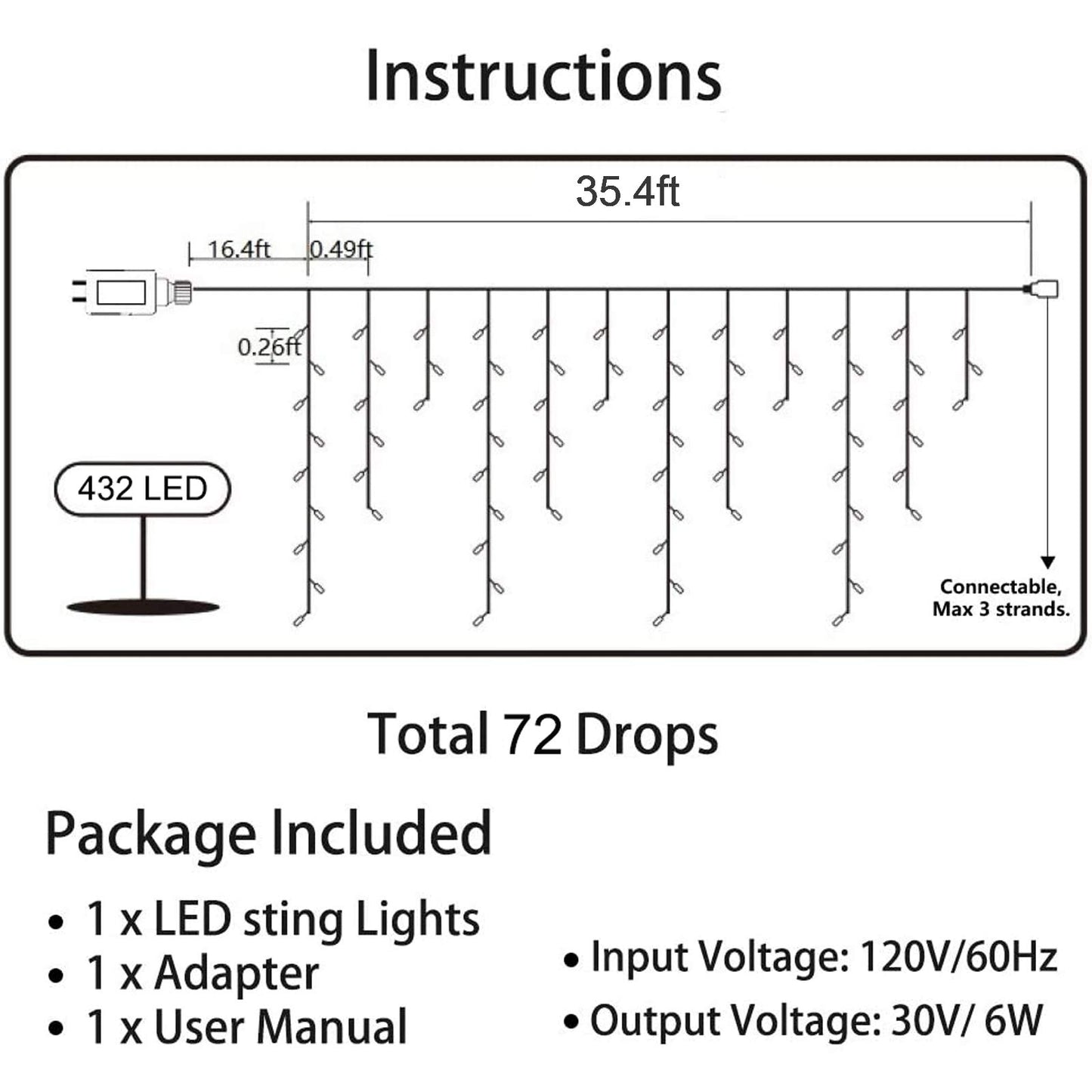 Icicle Christmas Lights, 432 LED 35.4ft 8 Modes Icicle String Lights with 72 Drops, Window Curtain Fairy Lights for Xmas, Eaves, Wedding, Garden, Outdoor, Indoor Decor (Clear White)