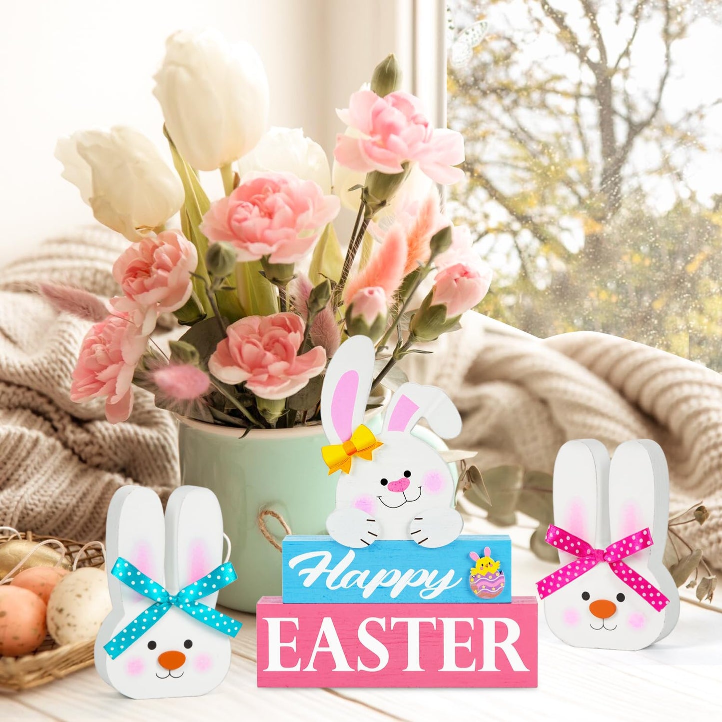 5 Pcs Easter Decorations for the Home Happy Easter Bunny Wooden Block Table Sign with 2 Wooden Easter Bunny Table Decor Set Rustic Spring Table Easter Decorations for Easter Holiday Tabletop Party