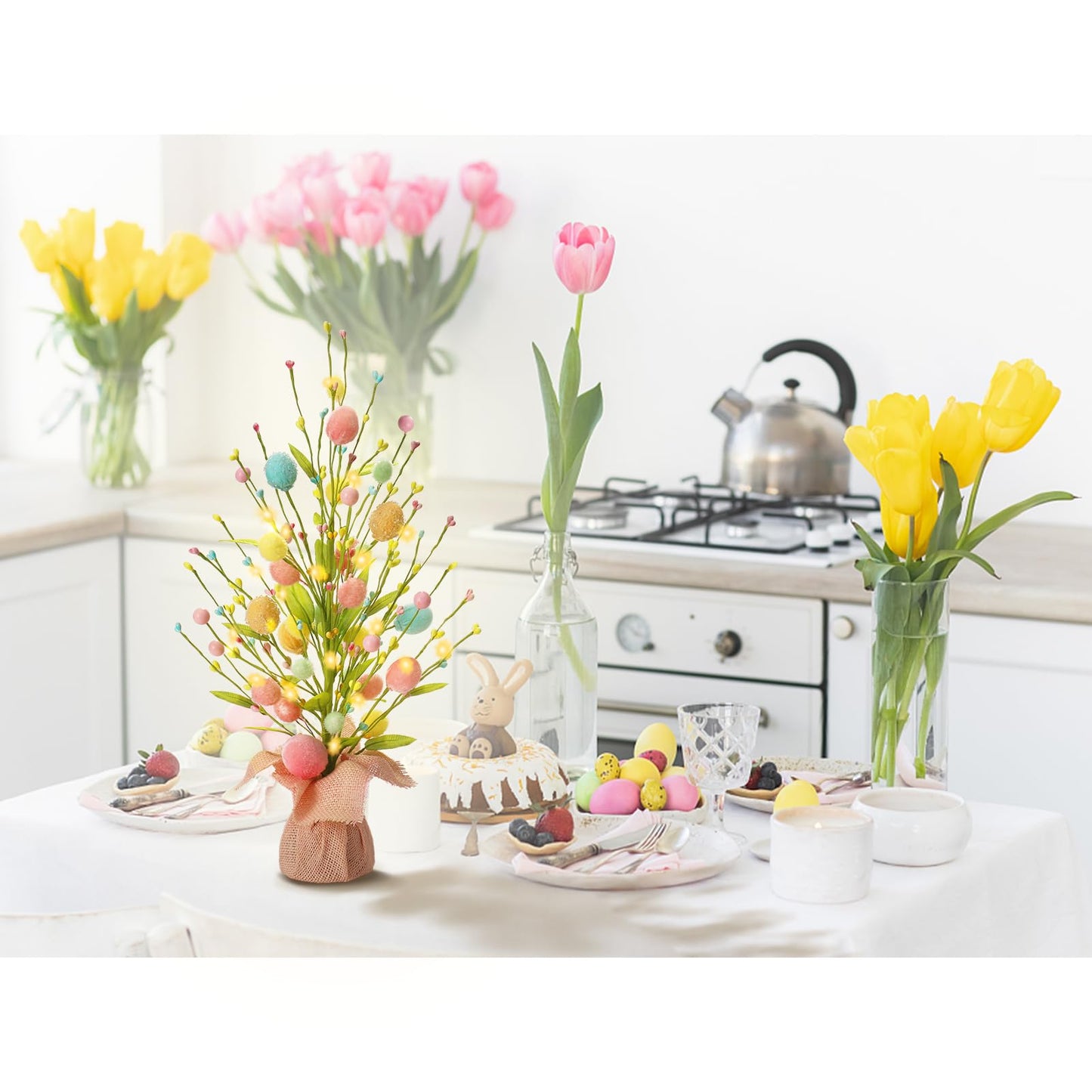 Easter Decorations, Artificial 18 Inch Pre-Lit Easter Egg Tree Tabletop Decor with Delicate Ornaments, for Home Party Wedding Holiday Spring Summer Decoration, Pink/Blue/Yellow.