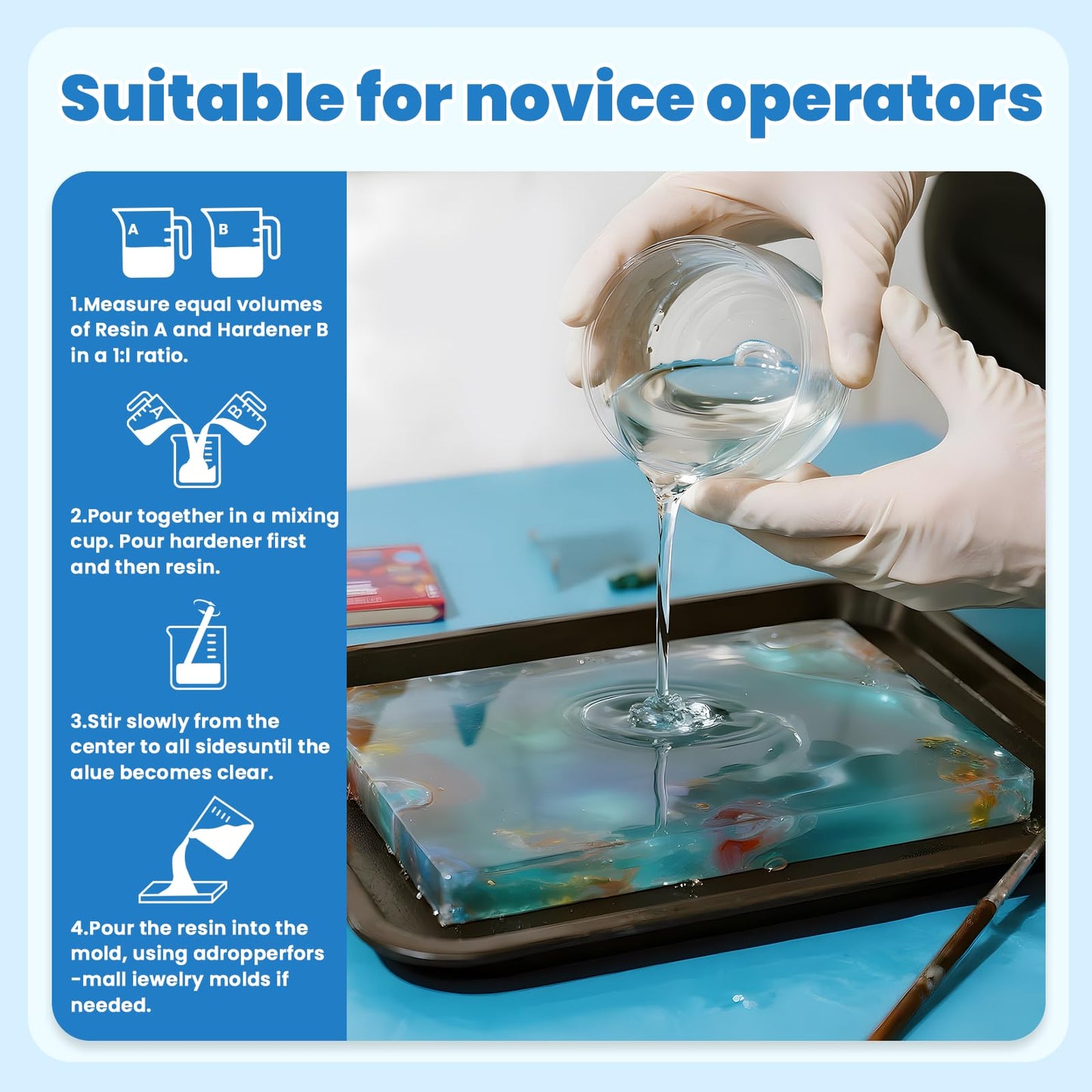 Epoxy Resin 16oz for Beginners – Crystal Clear 1:1 Epoxy Resin Kit, 4× Anti-Yellowing UV Resistant, Food-Safe, Low Odor for Jewelry, Crafts & Small Casting Projects