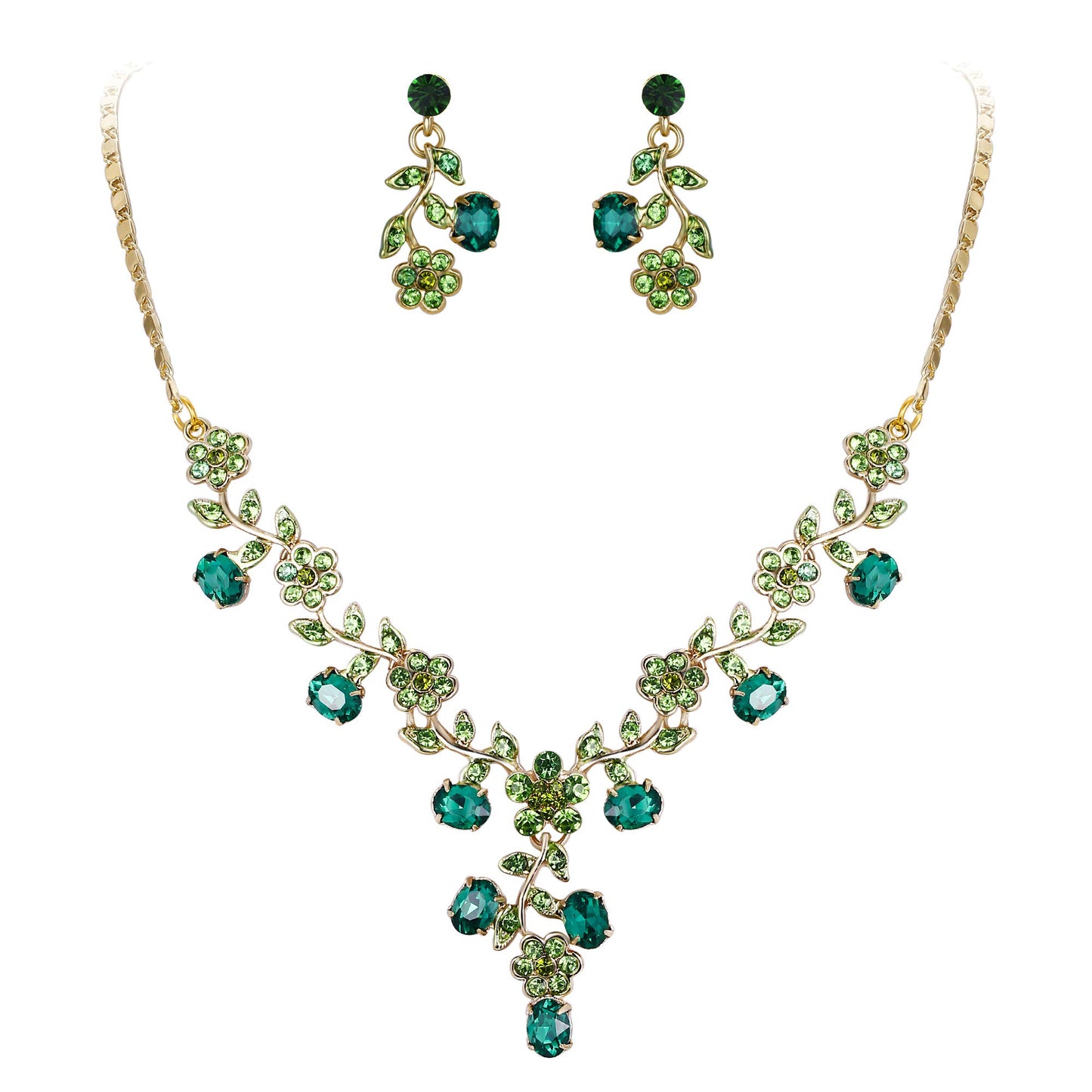 EVER FAITH Wedding Jewelry Set for Bride Austrian Crystal Cluster Flower Leaf Necklace Earrings Set Green Gold-Tone