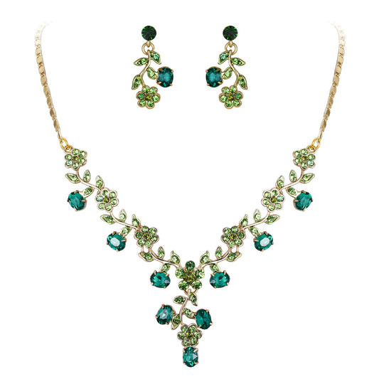 EVER FAITH Wedding Jewelry Set for Bride Austrian Crystal Cluster Flower Leaf Necklace Earrings Set Green Gold-Tone