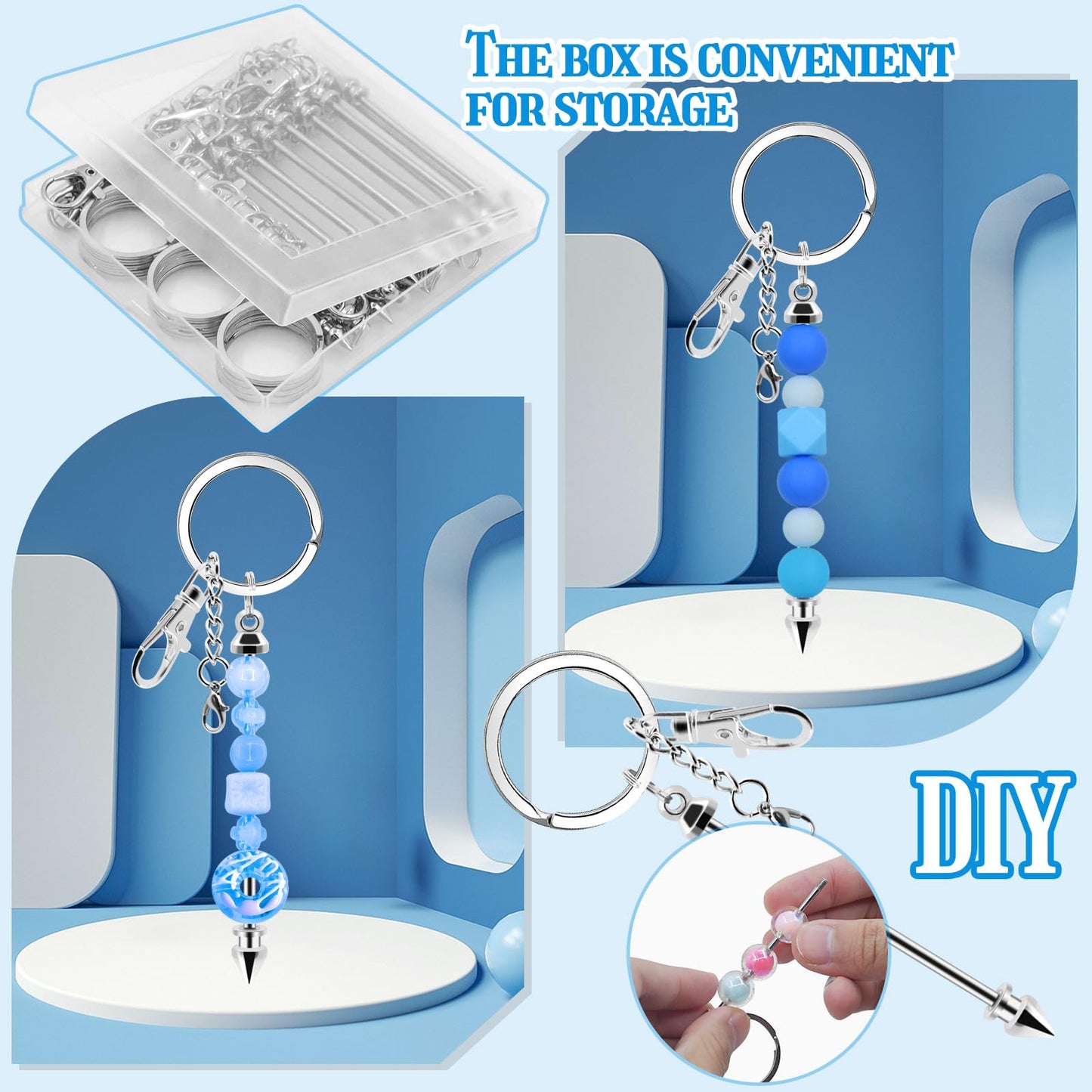 CXIIPOL 18 Pack Beadable Keychains Bars DIY Blank Beadable Keychains Metal Beaded Keychain Sliver Beads Keychain Making Kit for DIY Crafts Supplies Jewelry Making Gift