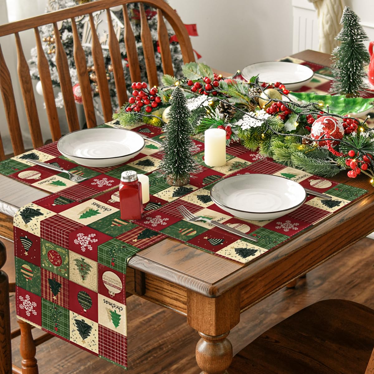 Xmas Trees Christmas Balls Placemats Set of 4, 12x18 Inch Table Mats for Winter New Year Holiday Party Kitchen Dining Decoration