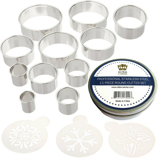 Ultra Cuisine 11 Piece Small Circle Cookie Cutter Set - Graduated Round Cookie Mold Cutter For Donuts & Scones - Heavy-Duty Stainless Steel w/3 Pastry Ring Cookie Cutters For Baking - Food Rings