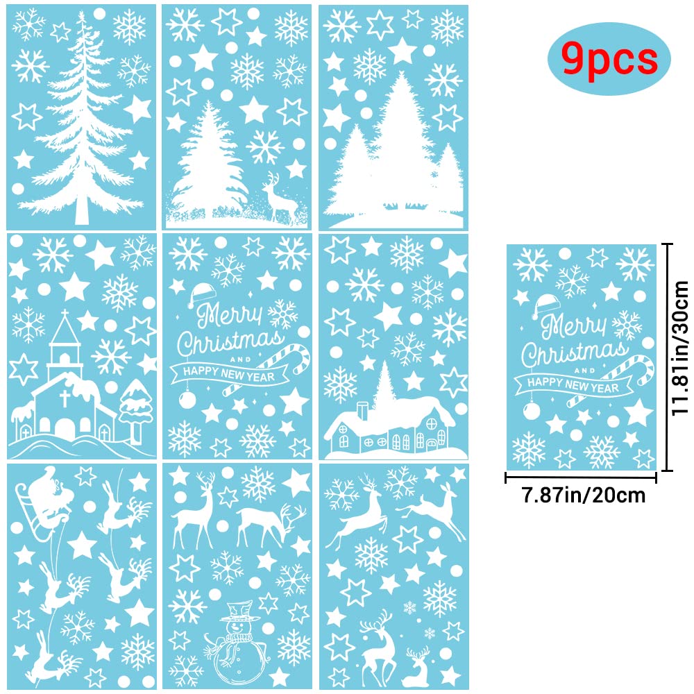 9 Sheets Christmas Window Clings - Tree Snowman Snowflakes Reindeer Decals for Winter Glass Decoration