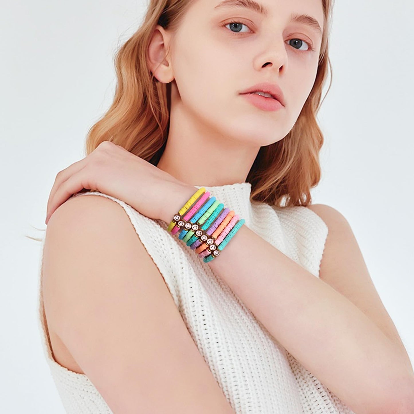 JIASHUYEYE Smile face Preppy Bracelets for Teen Girls - Stackable Boho Surfer Friendship Bracelets Set for Little Girls & Women