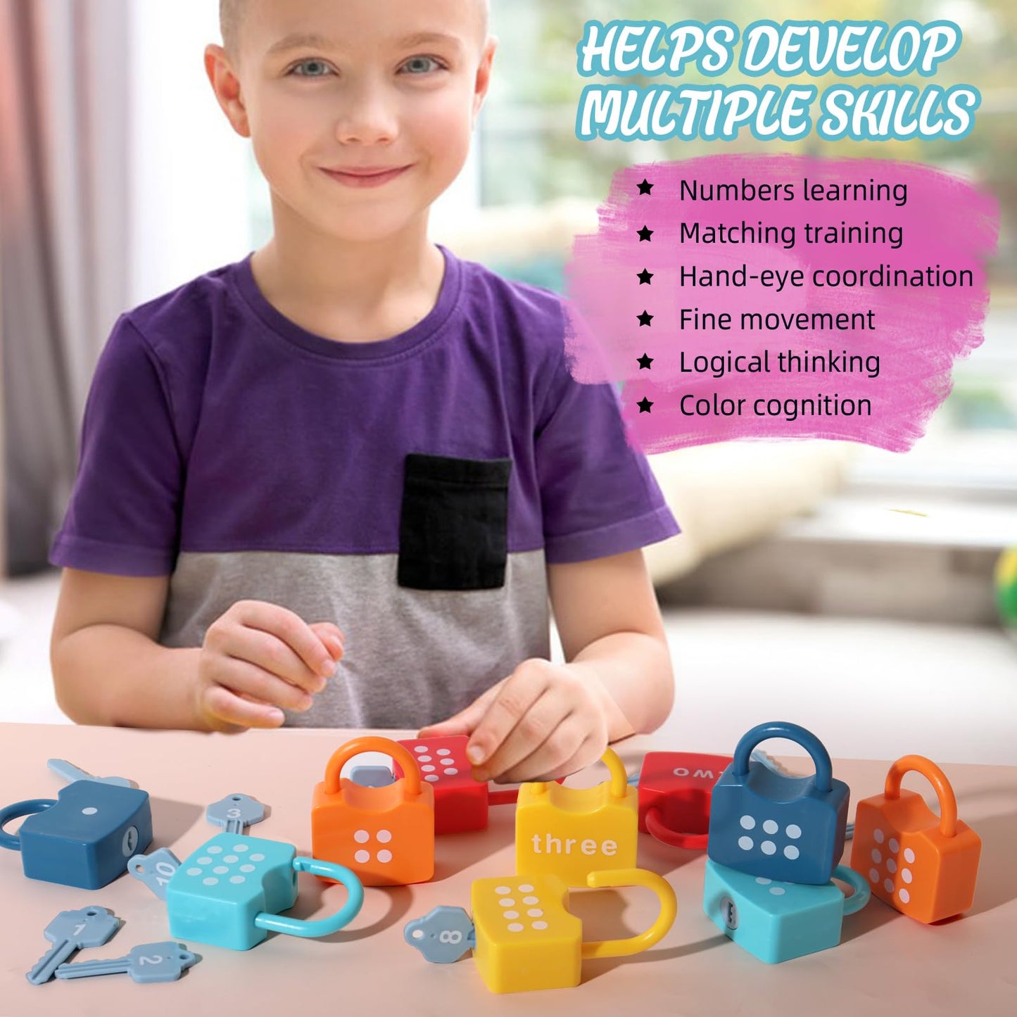 Dinhon Kids Learning Locks with Keys Numbers Matching & Counting Montessori Educational Toys for Ages 3 yrs+ Boys and Girls Preschool Games Gifts