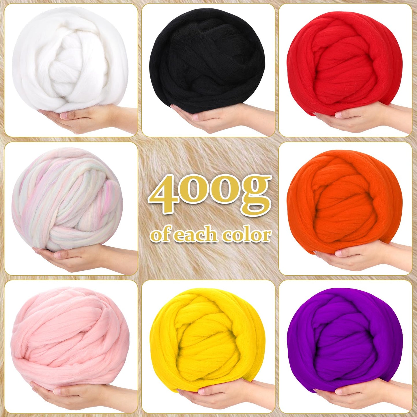 QMNNMA 14.1oz Wool Roving Yarn, Fiber Roving Wool Top, Wool Felting Supplies, Pure Wool, Chunky Yarn, Handmade Carded Core Wool for Wool Felting, Wet Felting DIY Hand Spinning