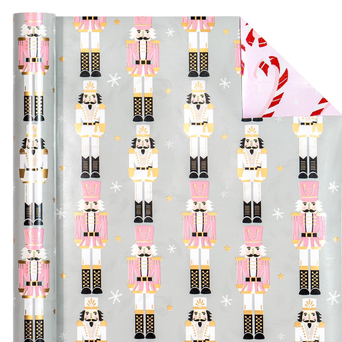 Reversible Nutcracker Christmas Wrapping Paper - Mini Roll - 17 Inch x 33 Feet - Nutcracker and Candy Cane Design Printed on Pearlized Paper for Chrsitmas, Holiday, Party Celebration
