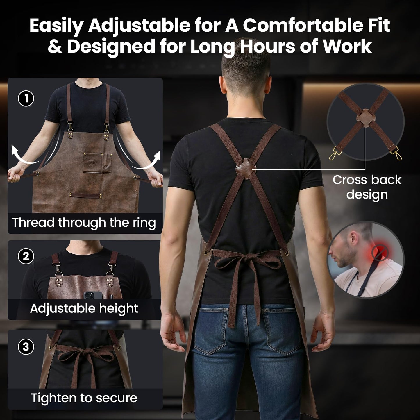 Leather Chef Cooking Apron for Men, Cross Back Apron for All-Day Comfort, Waterproof Apron with Multiple Pockets, Great for Kitchen, Baking, BBQ, Butcher Work or Crafts, Ideal Gift
