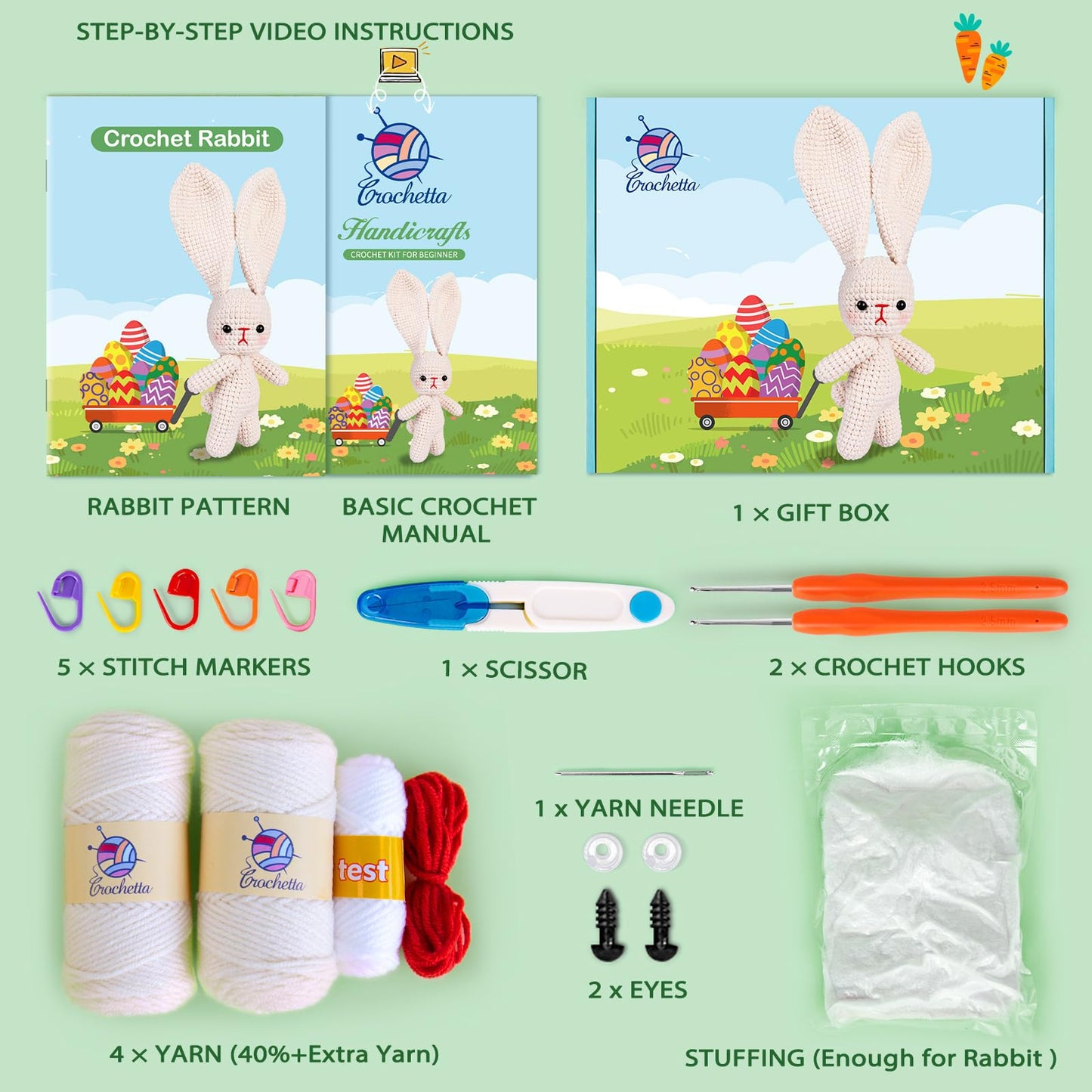Crochet Kit for Beginners, Crochet Starter Kit w Step-by-Step Video Tutorials, Beginner Crochet Kit Knitting Supplies for Adults Kids, Crochet Bunny(40%+ Yarn)