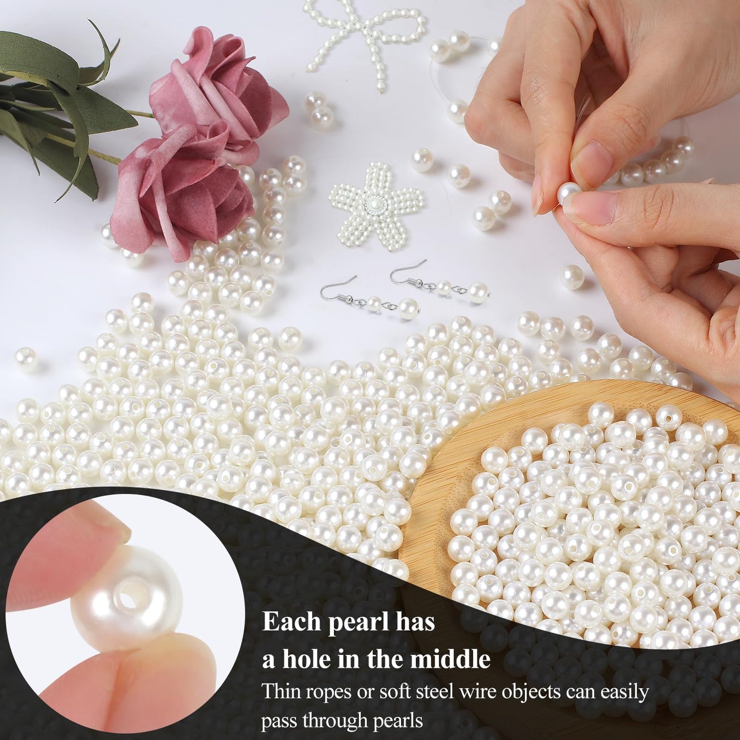 Phinus 1000 Pcs 8mm Pearl Beads with Hole, Round Shapes Pearls for Crafting, Loose Pearl Beads for Jewelry Making, Pearls for Jewelry Making, Decoration, DIY Crafts, Stuffing