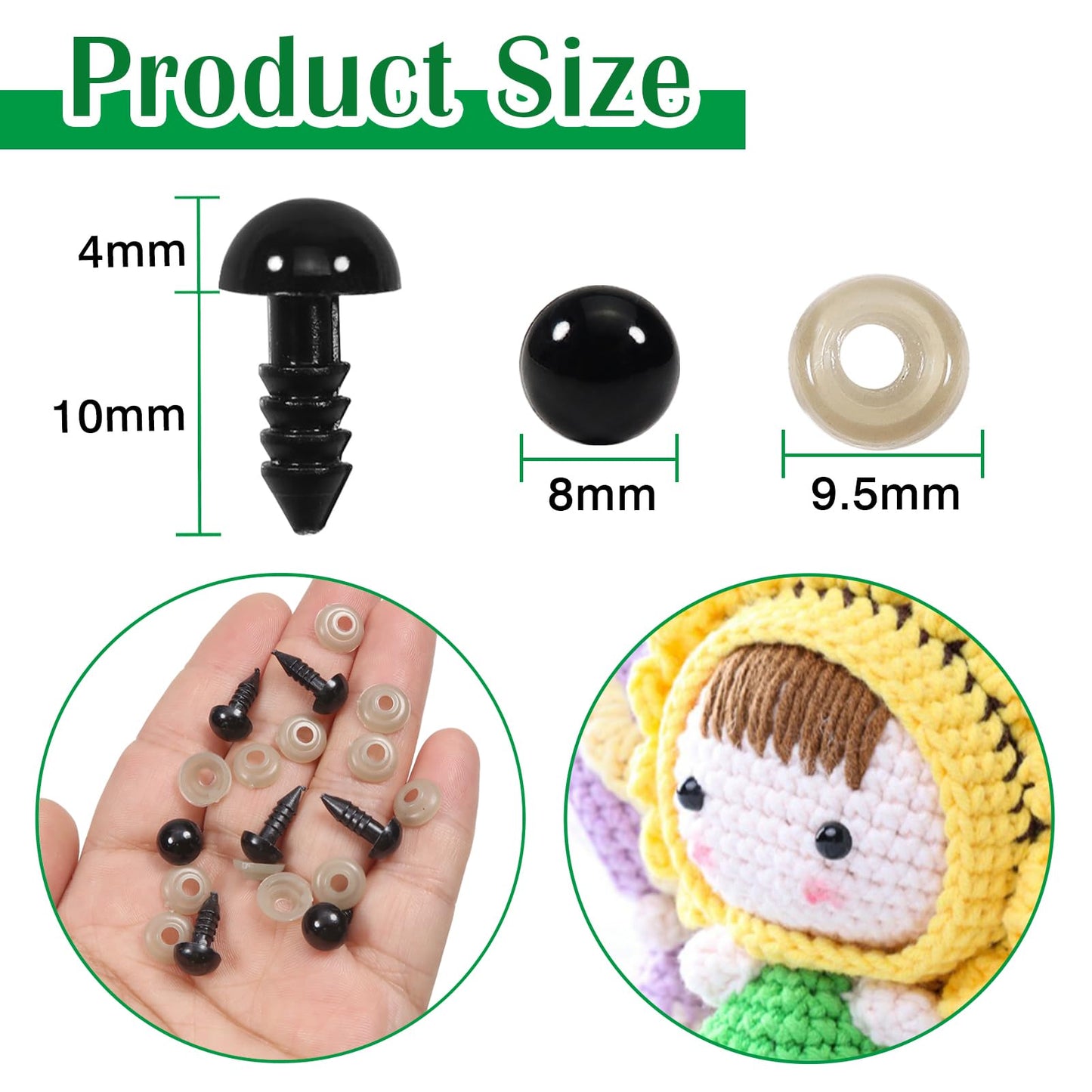 TOAOB 150pcs 8mm Black Plastic Safety Eyes Crafts Safety Eyes with 150pcs Washers for Stuffed Animals Amigurumis Crochet Bears Doll Making